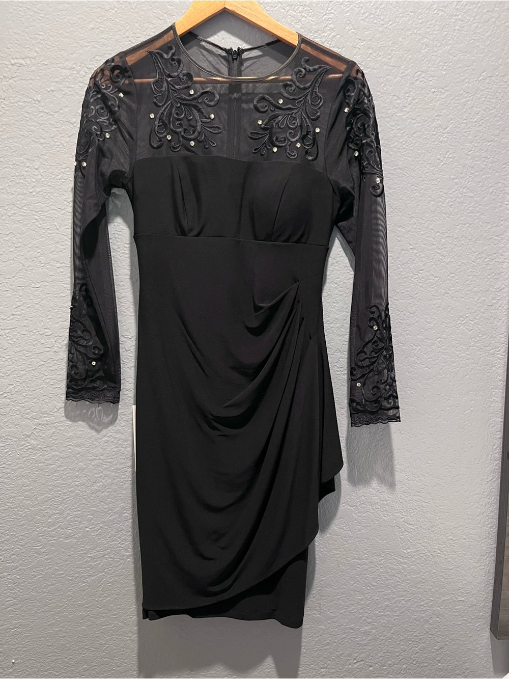 Xscape Black Long-Sleeve Embroidered Sheer Cocktail Dress - Picture 2 of 10